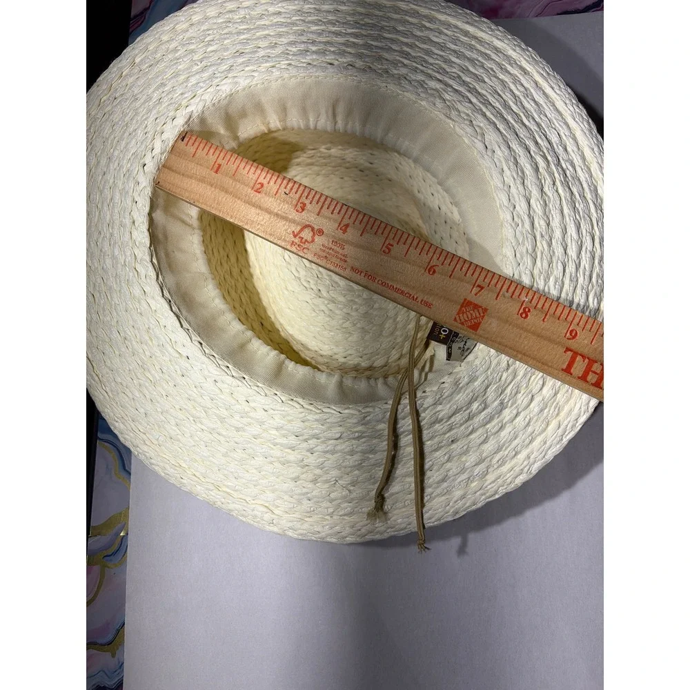 Sun N Sand Women Straw Boater Hat UPF 50+ Navy White Striped Ribbon Cream Woven